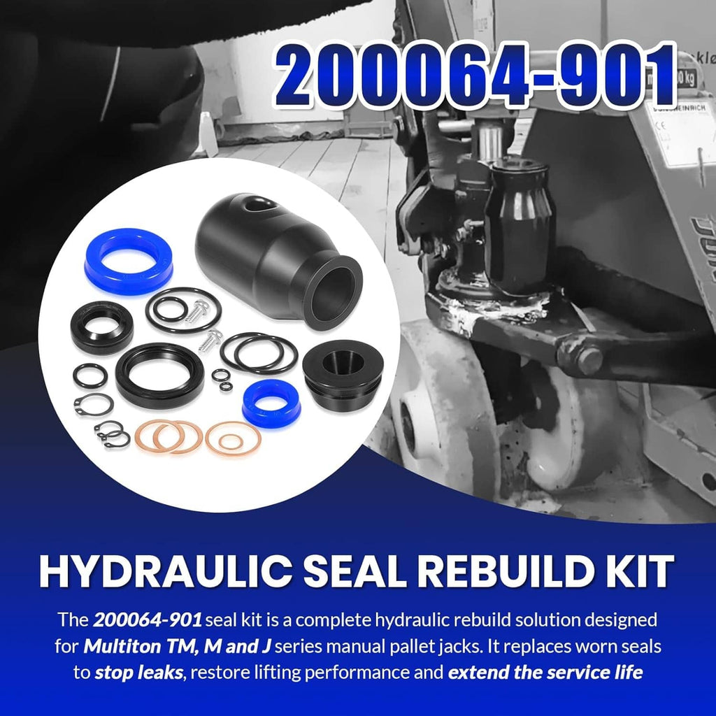 Hydraulic seal rebuild kit with seal housing and black, blue, and orange O-rings