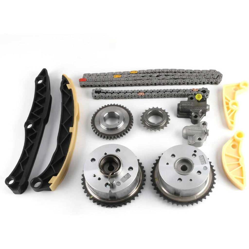 Timing chain kit components set with sprockets, gears, chain, guides, and tensioner
