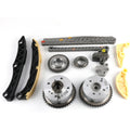 Timing chain kit components set with sprockets, gears, chain, guides, and tensioner