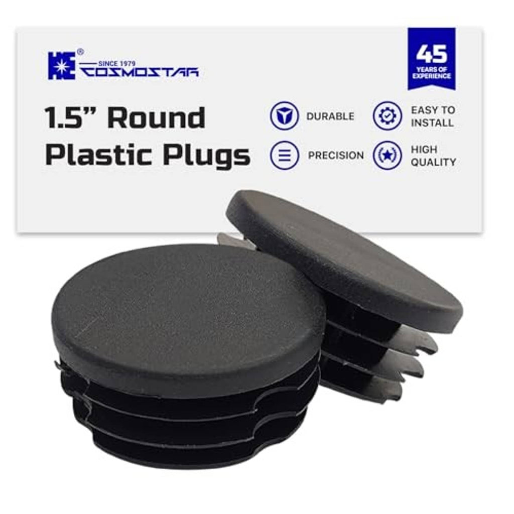 Carded pack of 1.5 in round plastic plugs with two dark gray cap plugs
