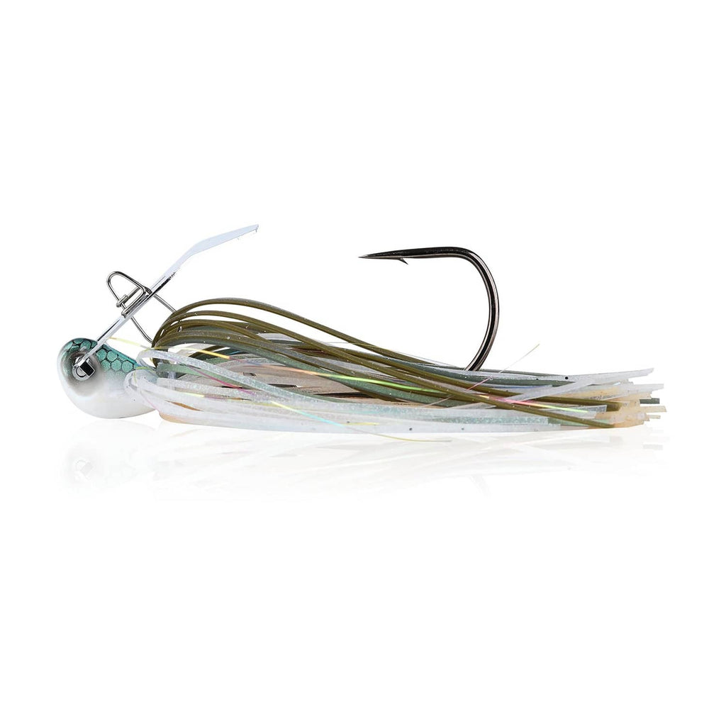 Bladed fishing jig with olive-green and translucent skirt, chrome head, black hook