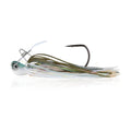 Bladed fishing jig with olive-green and translucent skirt, chrome head, black hook