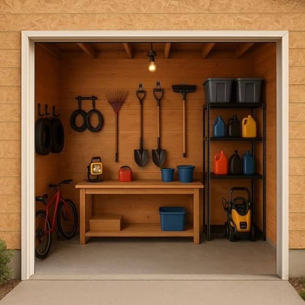 Black garage wall hooks mounted on a workshop wall for hanging tools and accessories