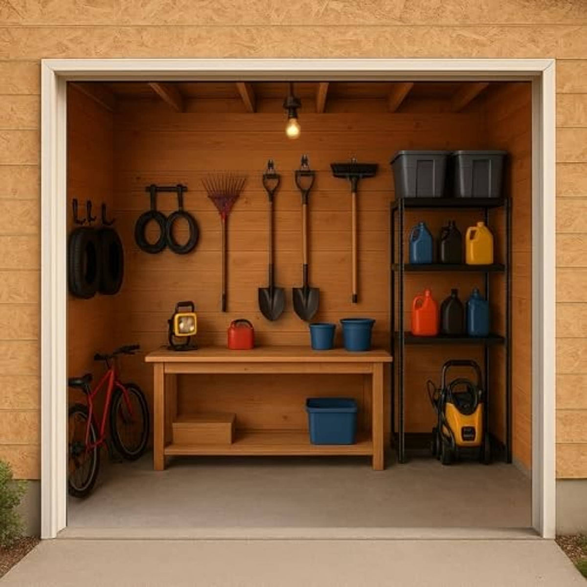 Black garage wall hooks mounted on a workshop wall for hanging tools and accessories