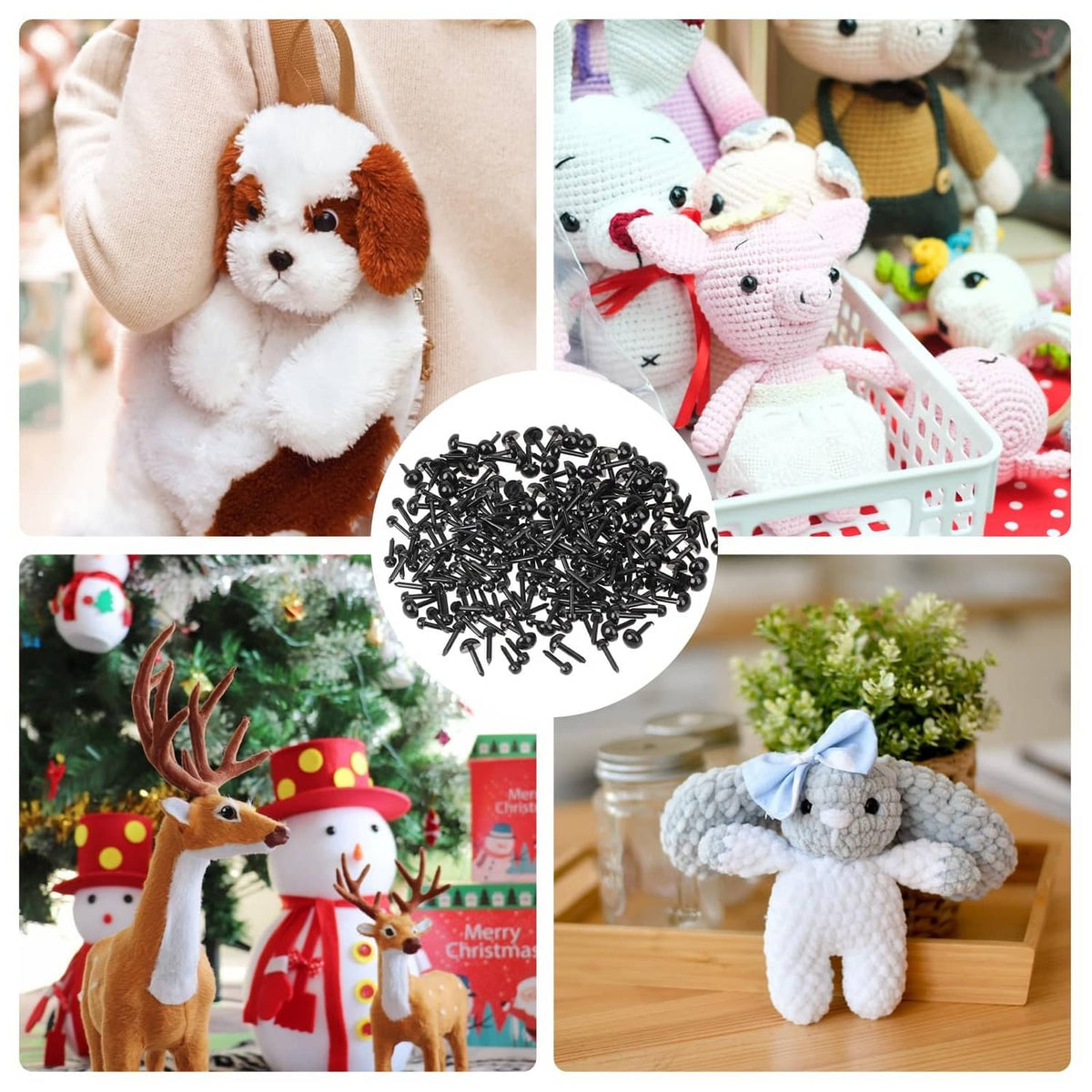 Crochet projects featuring black safety eyes on stuffed animals