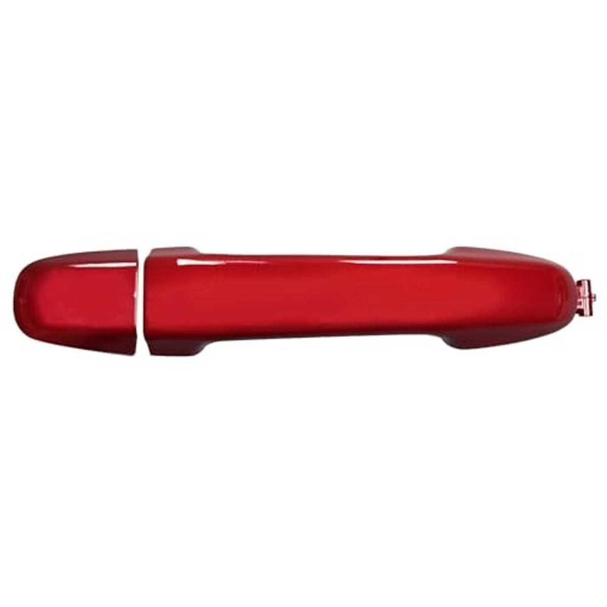 Red front passenger exterior door handle, side view with latch post detail.