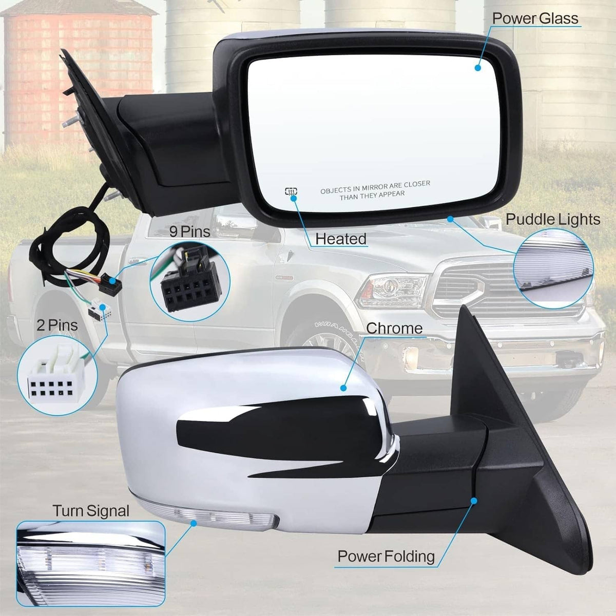 Right power folding heated mirror with chrome finish and turn signal light on truck