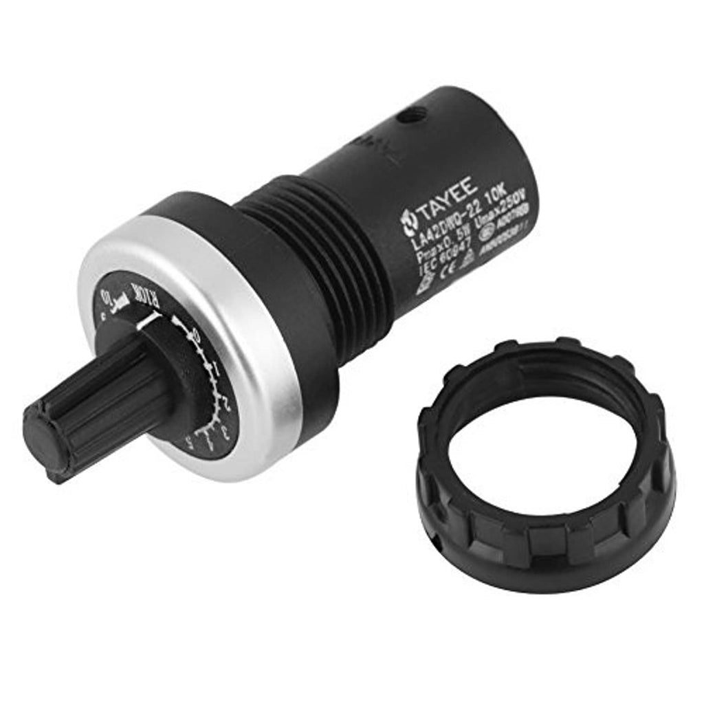Panel-mount potentiometer with black threaded barrel, silver bezel, and tuning knob