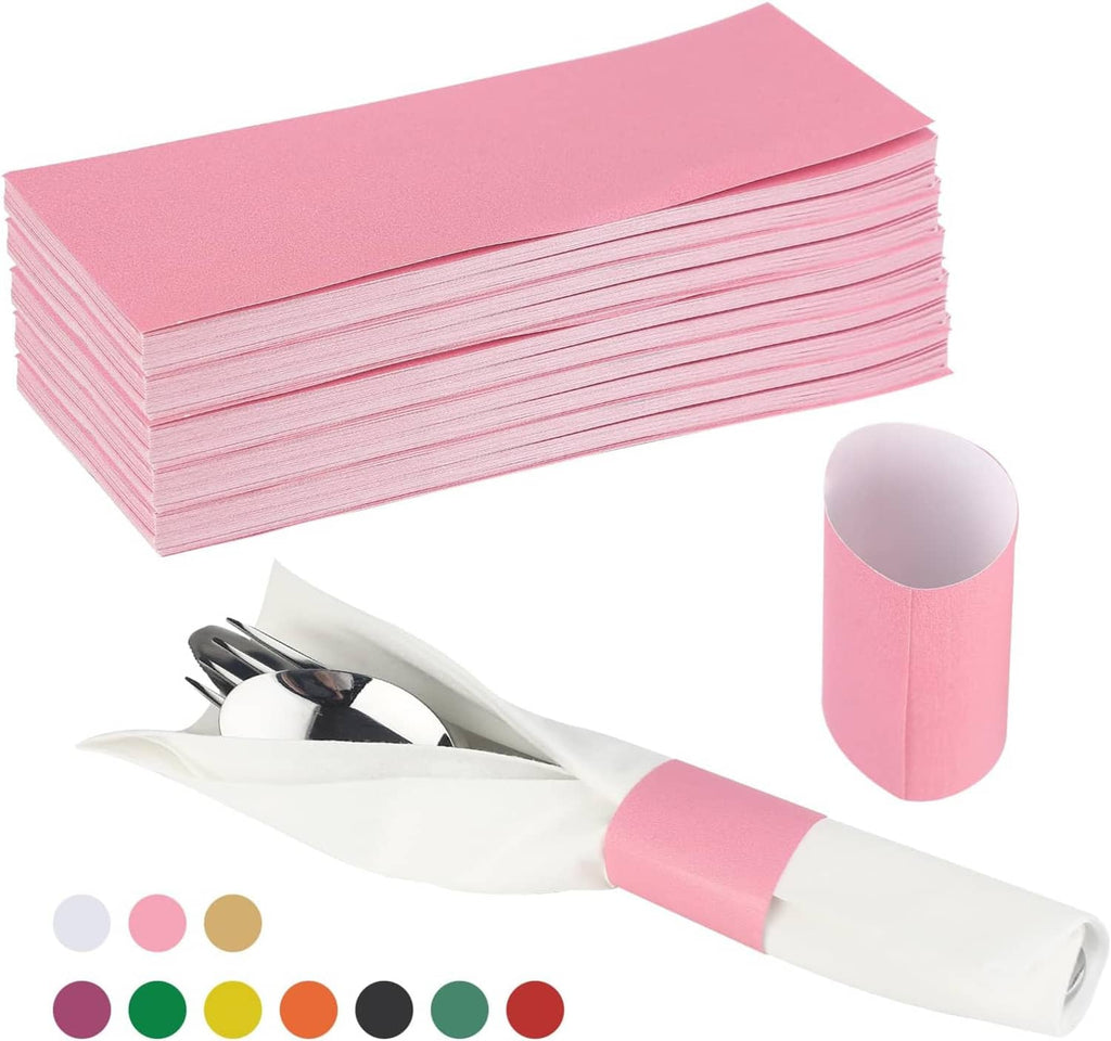 Pink paper napkin stack with self-adhesive silverware wrap band and ring