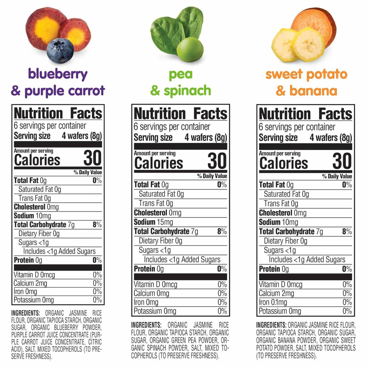 Organic teething wafers nutrition facts panels for blueberry, pea, sweet potato