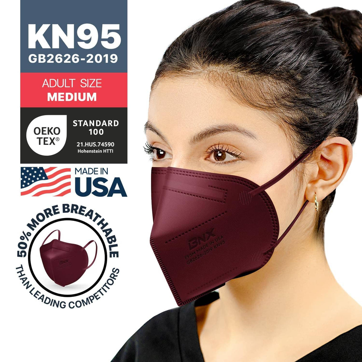 Maroon KN95 respirator face mask for medium adults, side-front view