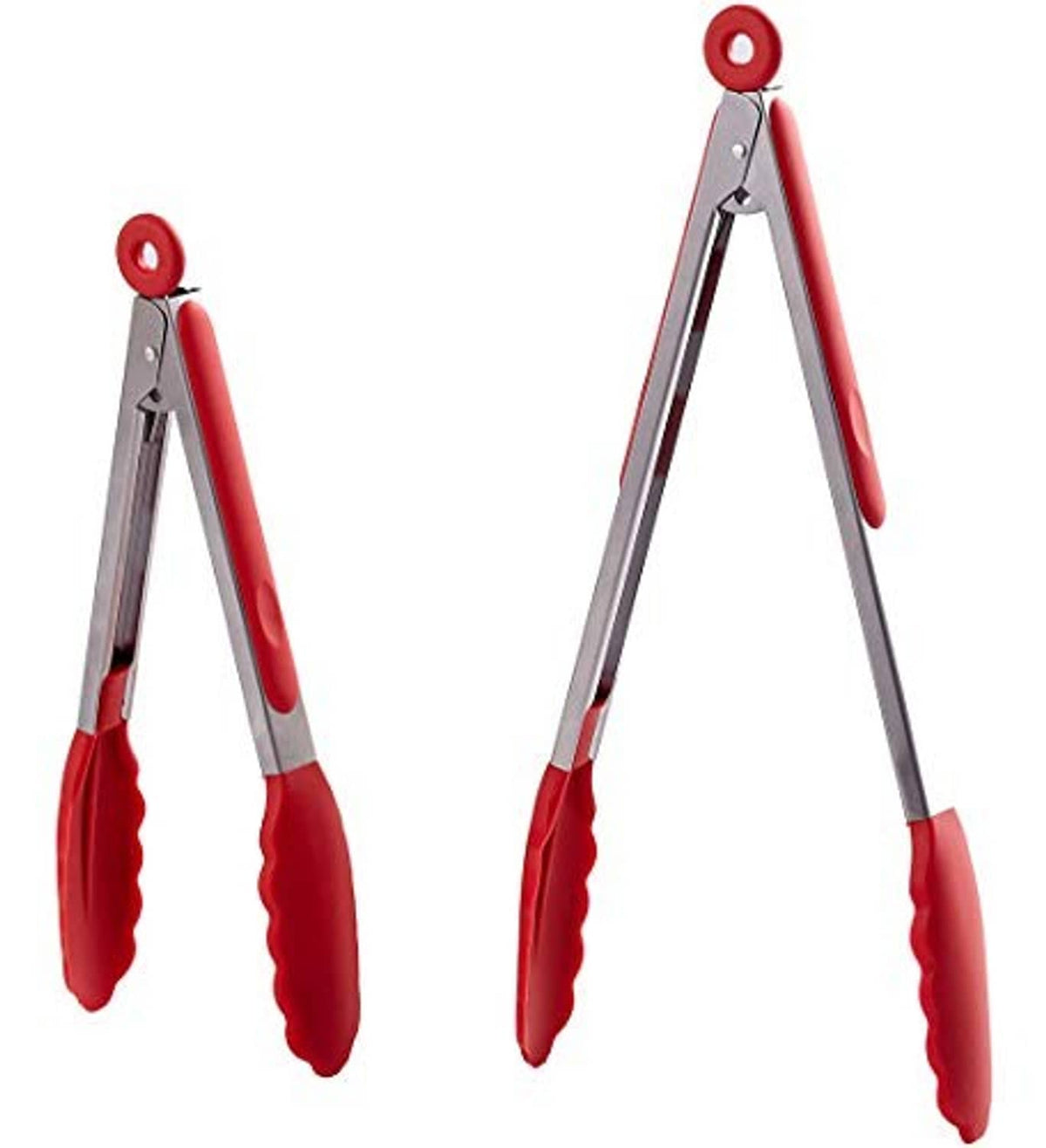 Set of 2 stainless steel kitchen tongs with red silicone handles and hanging loops.