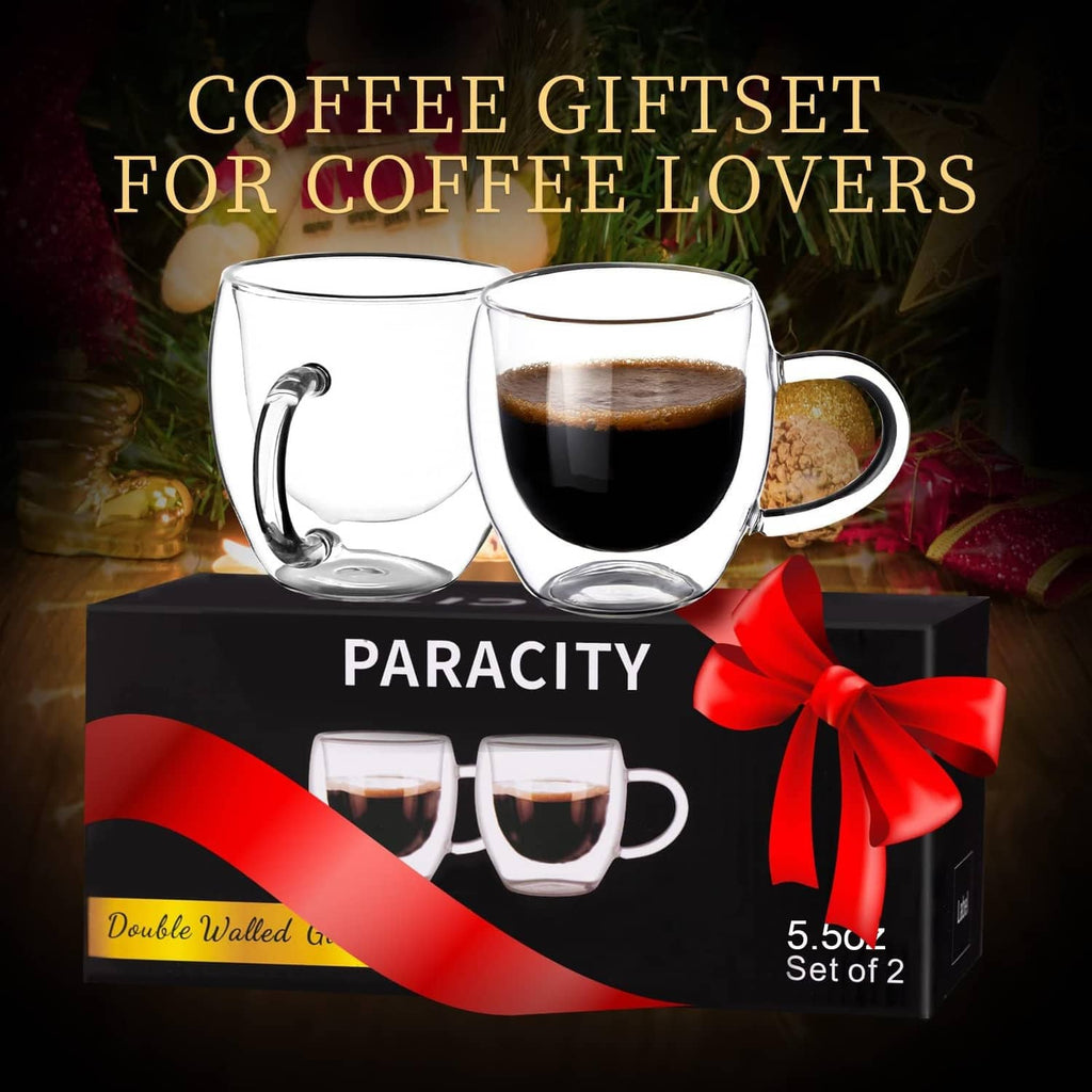 Clear double-wall espresso cups set of 2 with side handles, in gift box