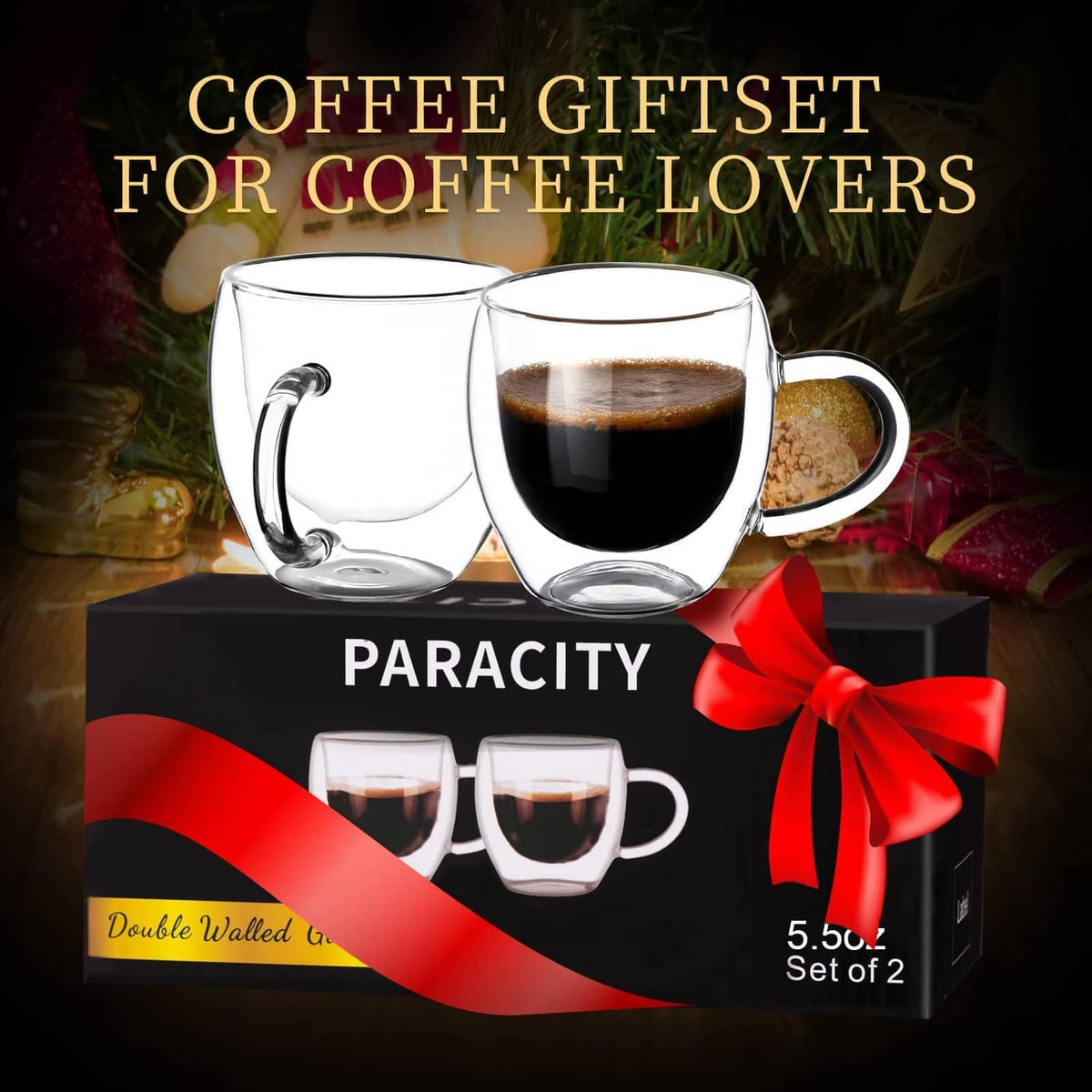 Clear double-wall espresso cups set of 2 with side handles, in gift box