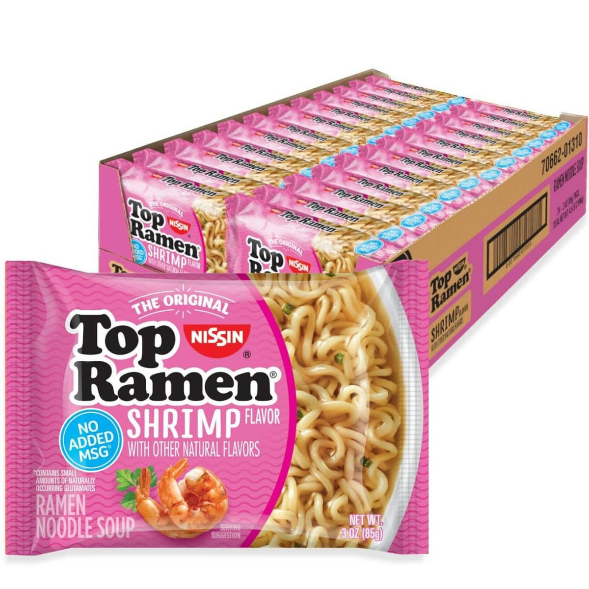Shrimp flavor instant ramen noodle soup packets in a boxed pack