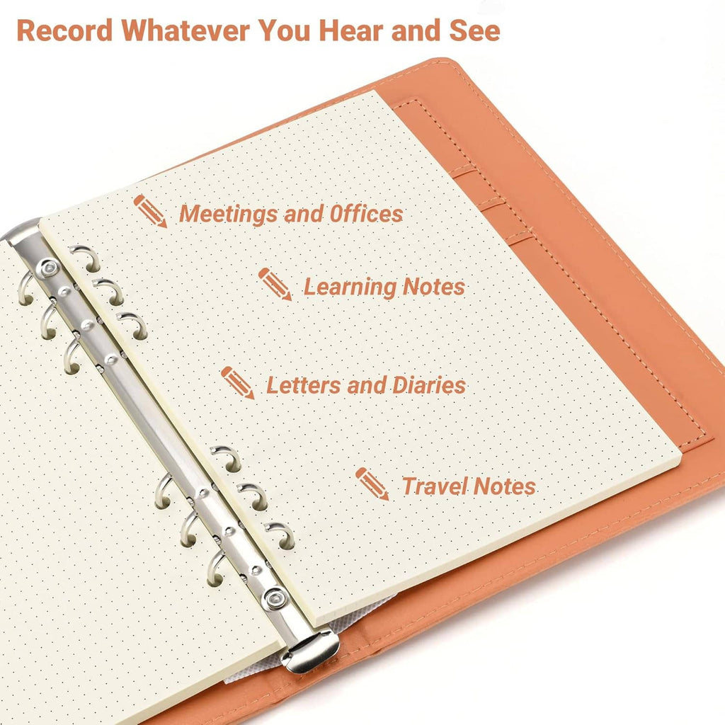 A5 dotted paper refill with 6-hole punch, white page with fine dot grid in orange folder