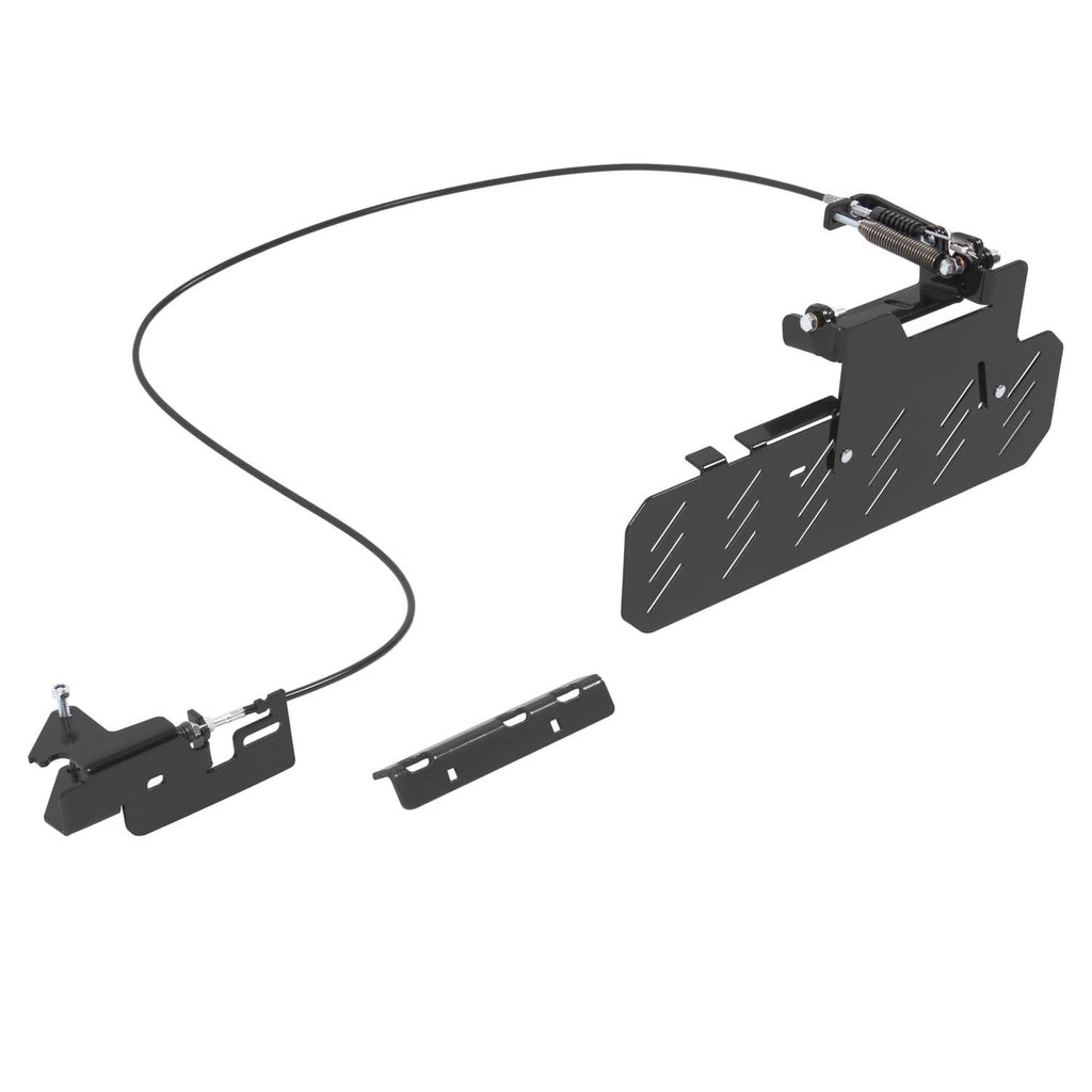 Mower chute blocker kit with black shield panel, hardware, cable, and spring linkage