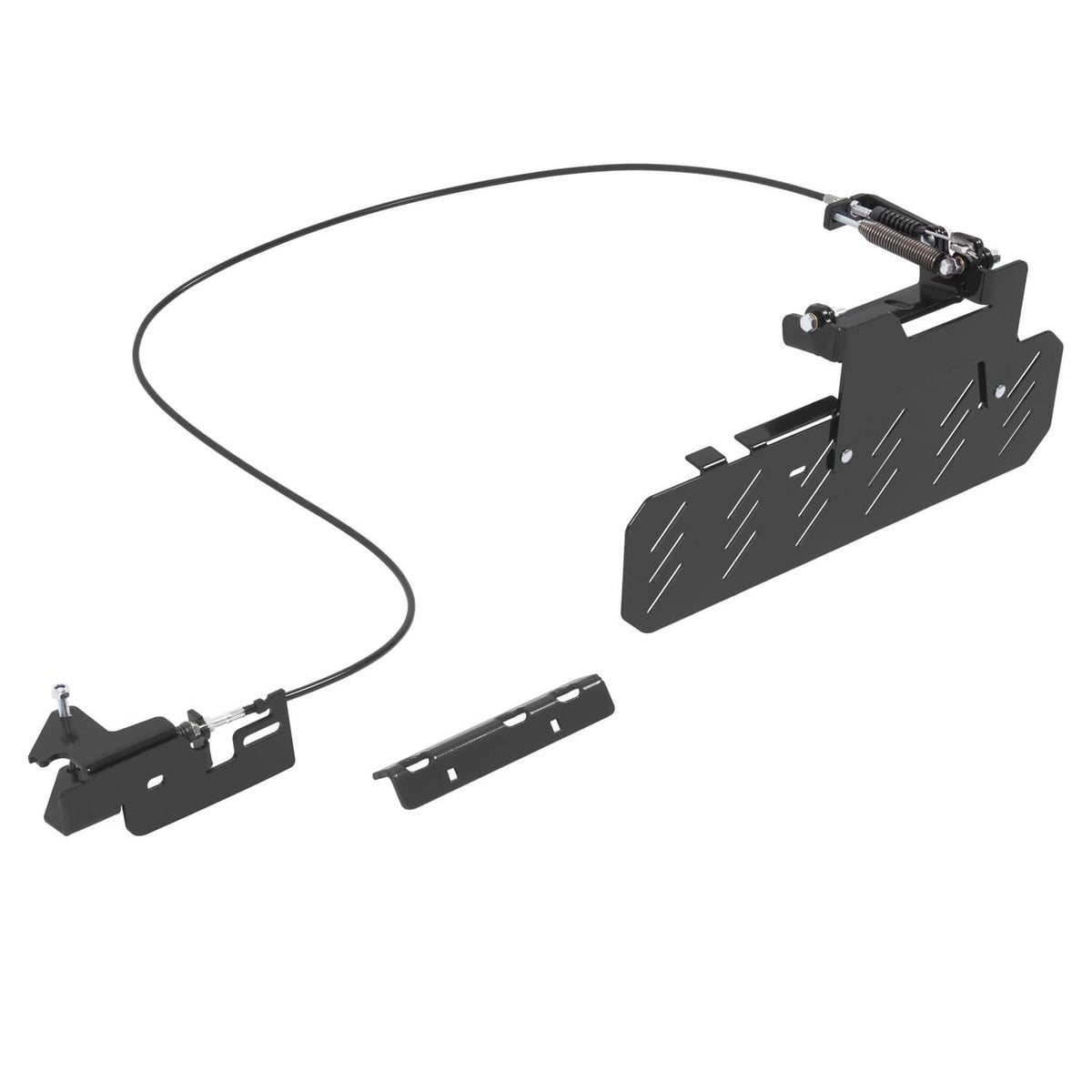 Mower chute blocker kit with black shield panel, hardware, cable, and spring linkage