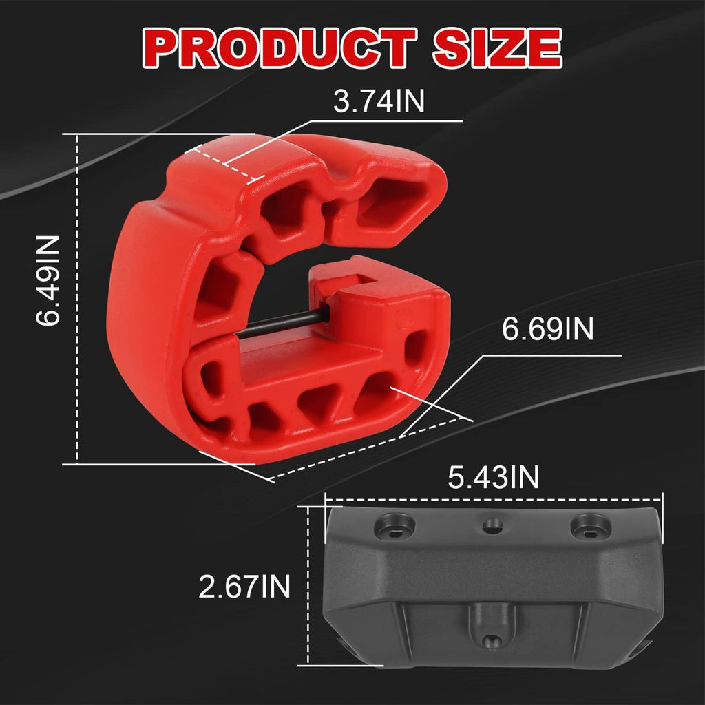 Red bumper fender with black base showing screw holes, size reference