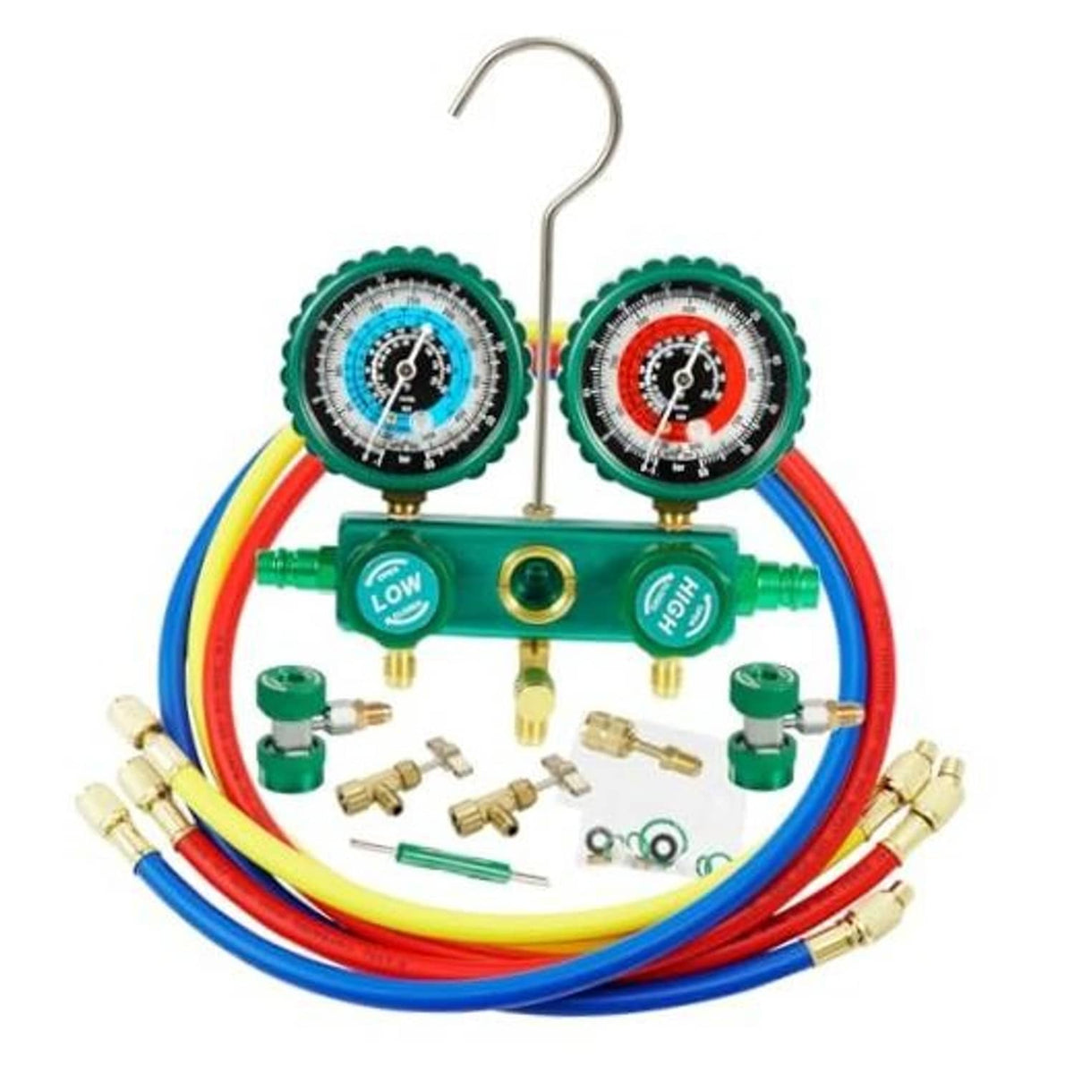 Three-way AC manifold gauge set with green dials and red/blue hoses, brass fittings