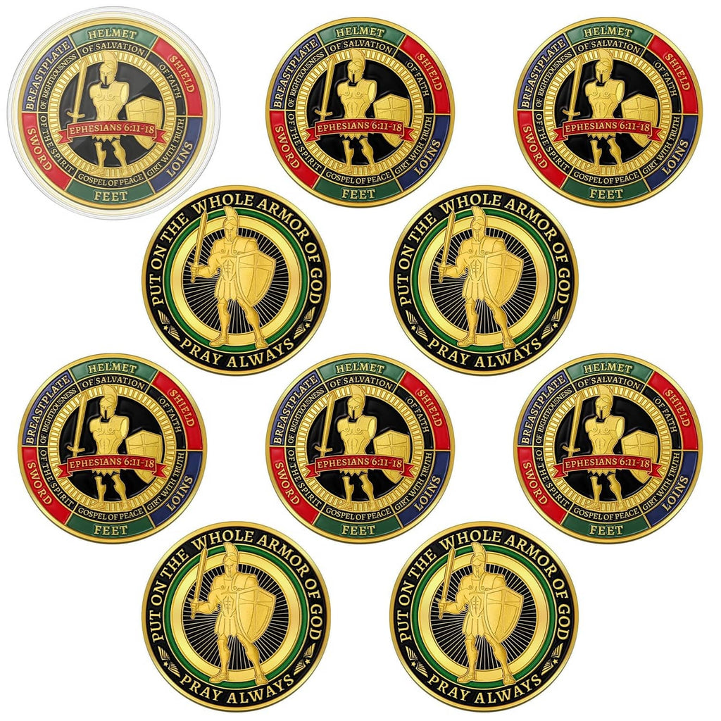 Gold-tone religious prayer coin set with helmet emblem and Pray Always text