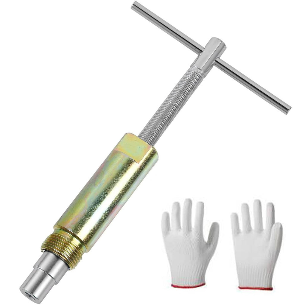 Compression sleeve puller tool with crossbar handle and threaded rod, silver metal.