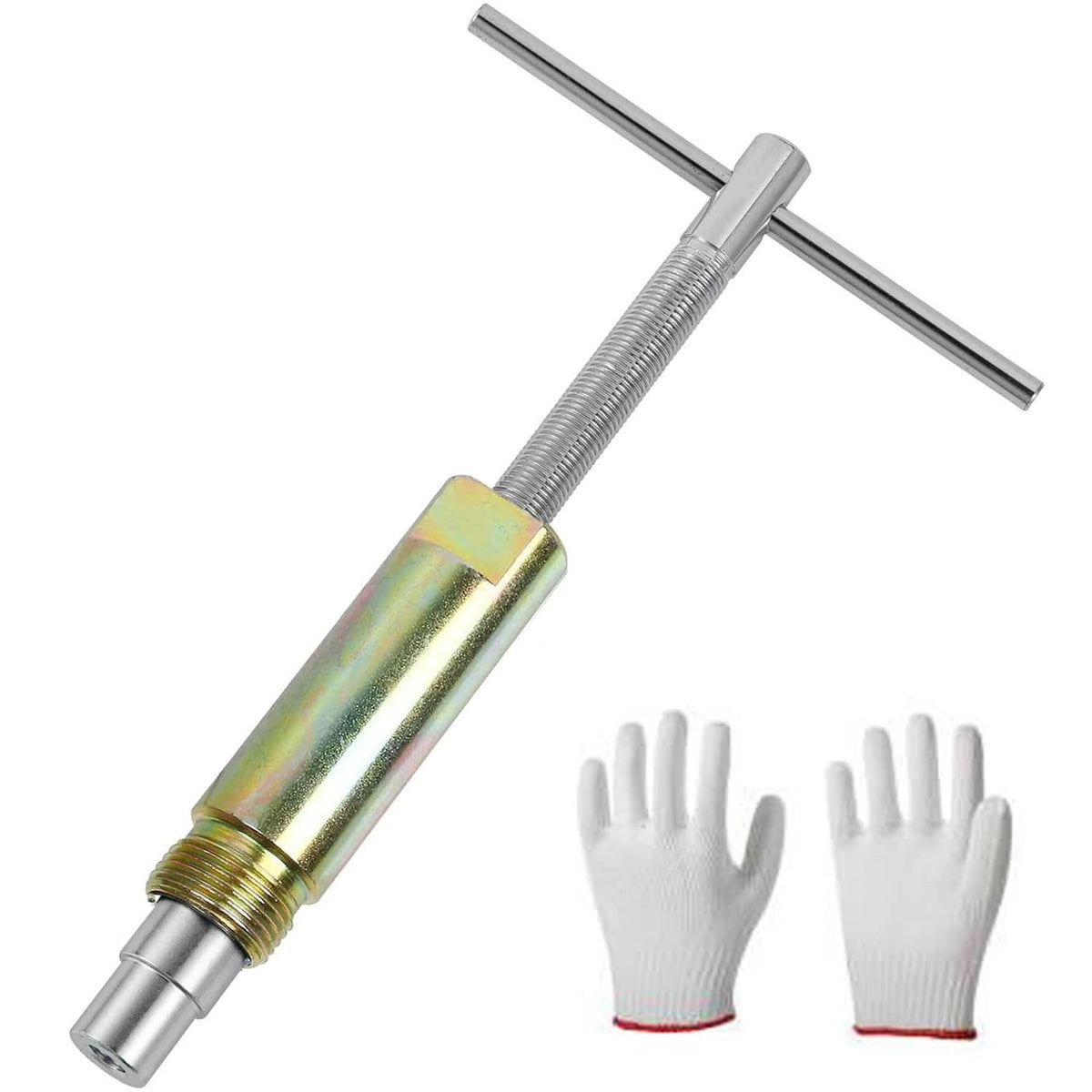 Compression sleeve puller tool with crossbar handle and threaded rod, silver metal.