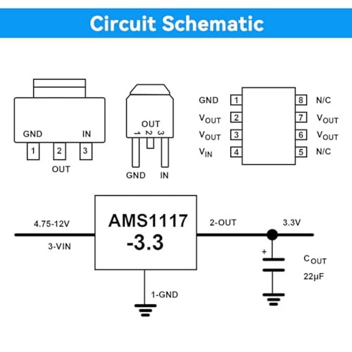 AMS1117-3.3 voltage regulator schematic with pinout and 4.75V-12V to 3.3V step-down