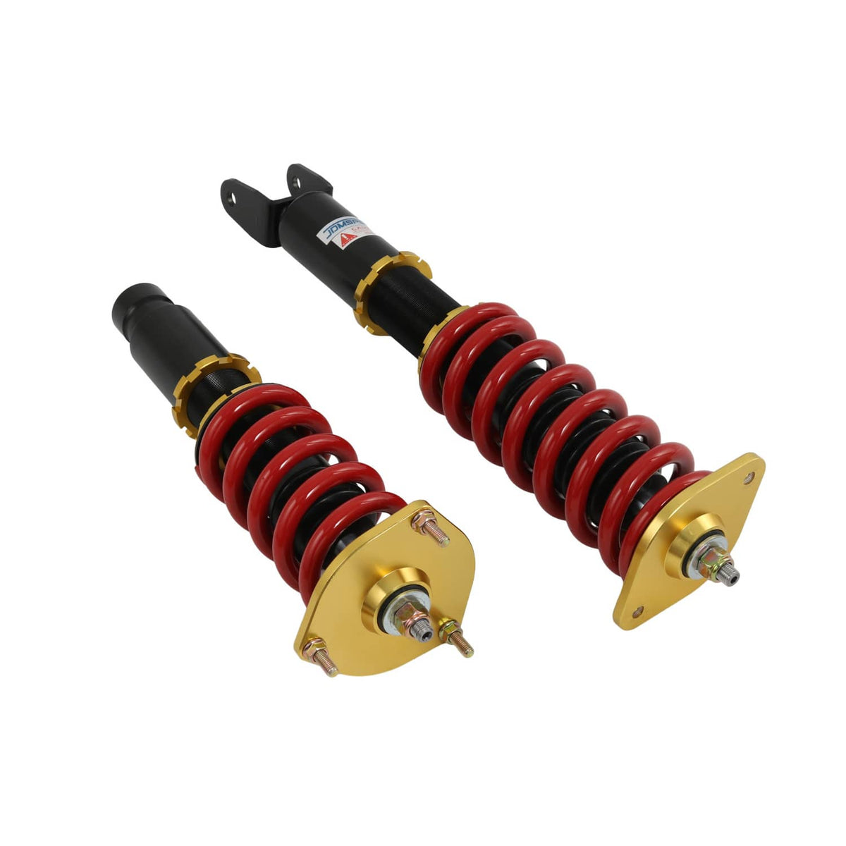 Two coilovers angled view: red spring coils, black dampers, gold top brackets