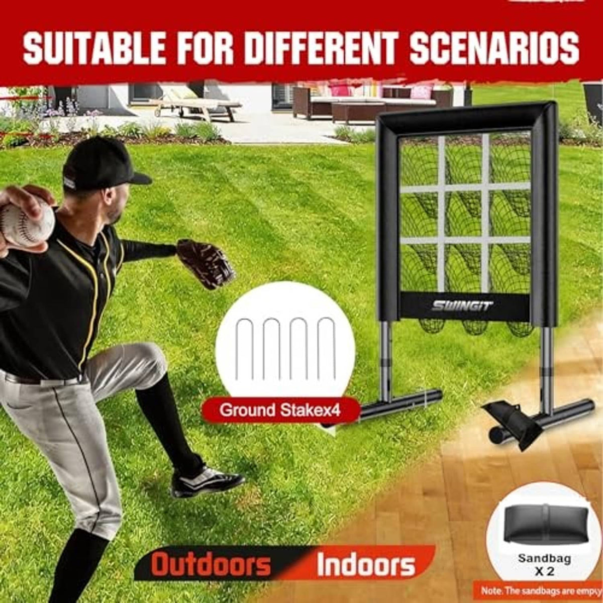 Black strike-zone pitching net with storage bag and ground stakes for portable setup.