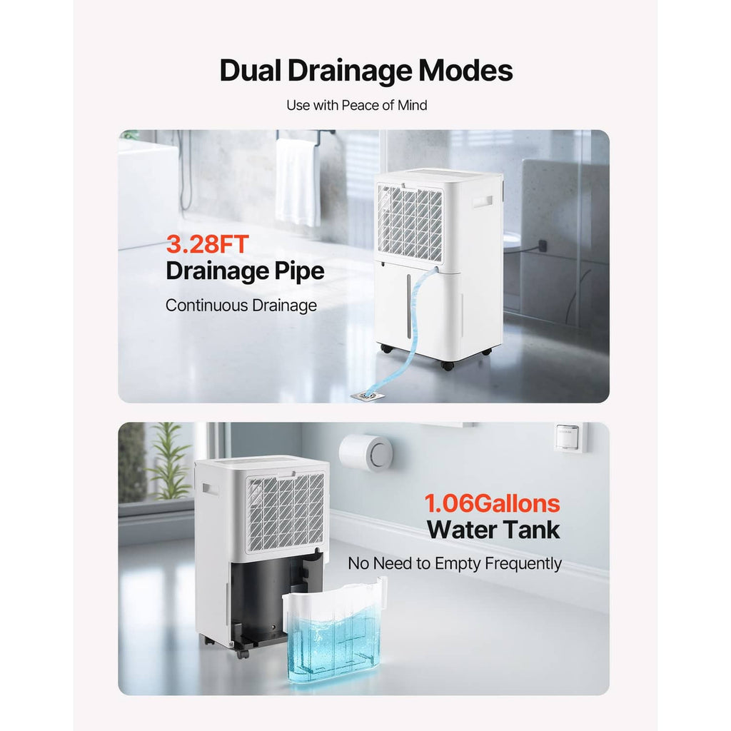 White dehumidifier with dual drainage modes, showing water tank and drain pipe
