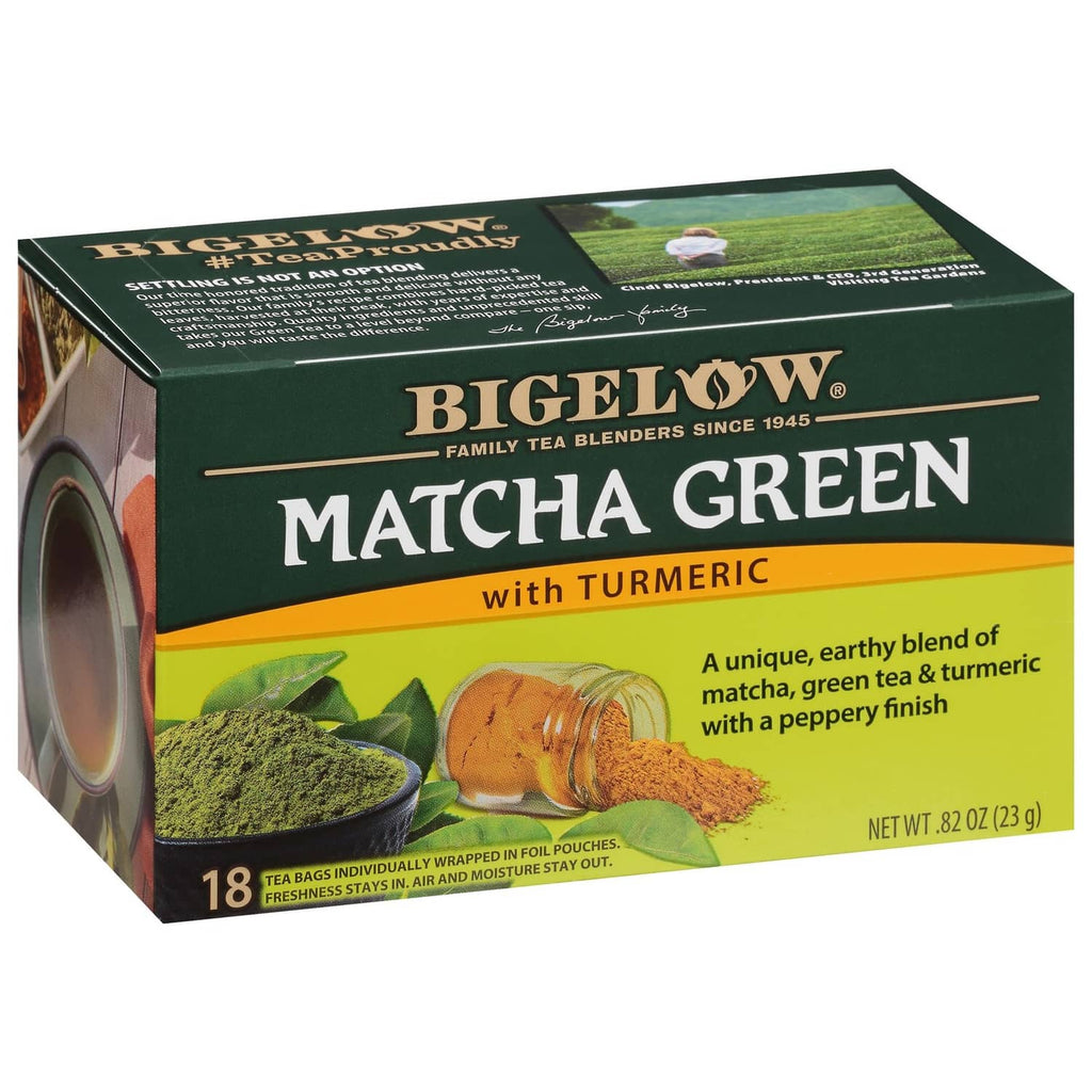 Bigelow Matcha Green tea with turmeric box, 18 count foil-wrapped sachets