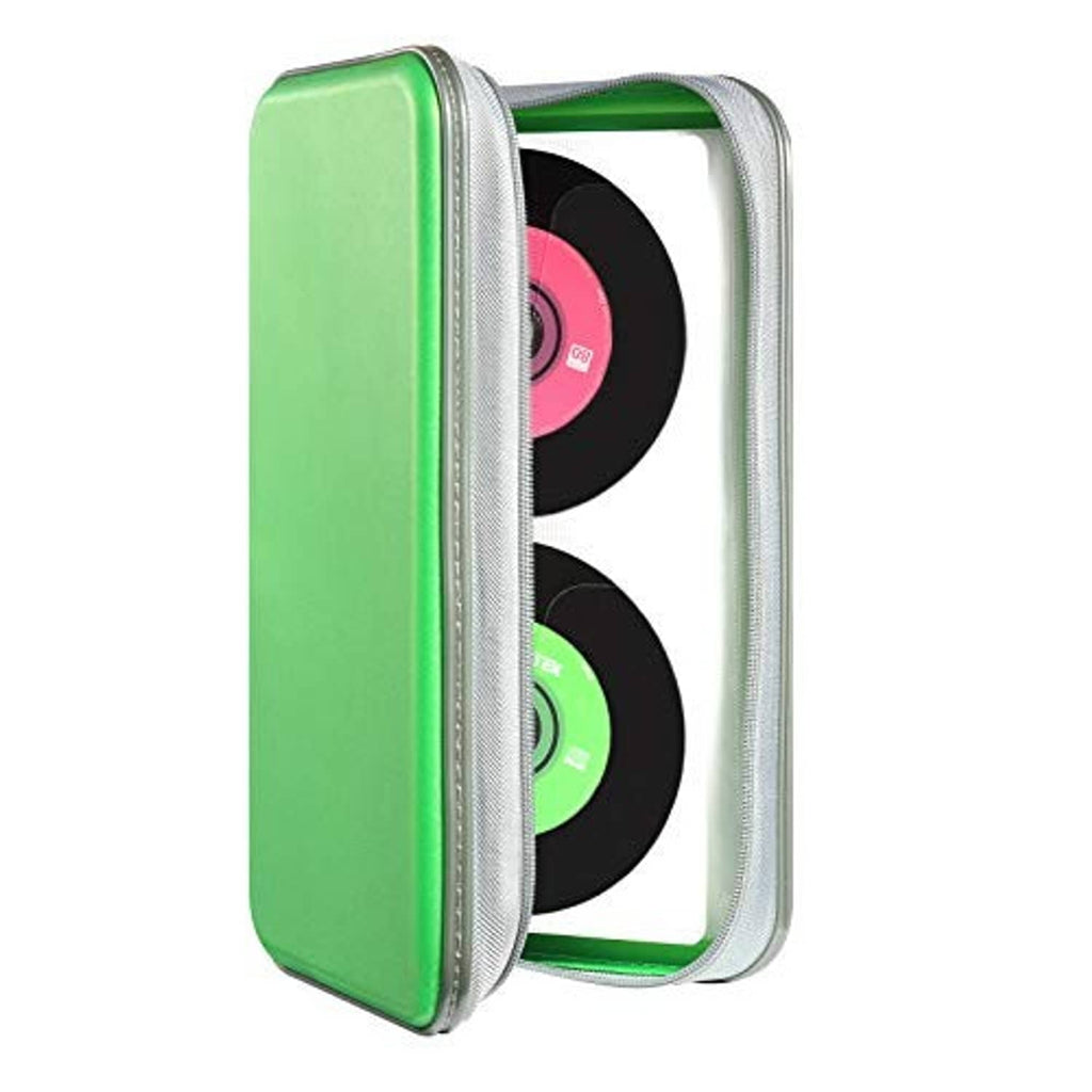 Green hard plastic CD case with clear window, showing two discs inside