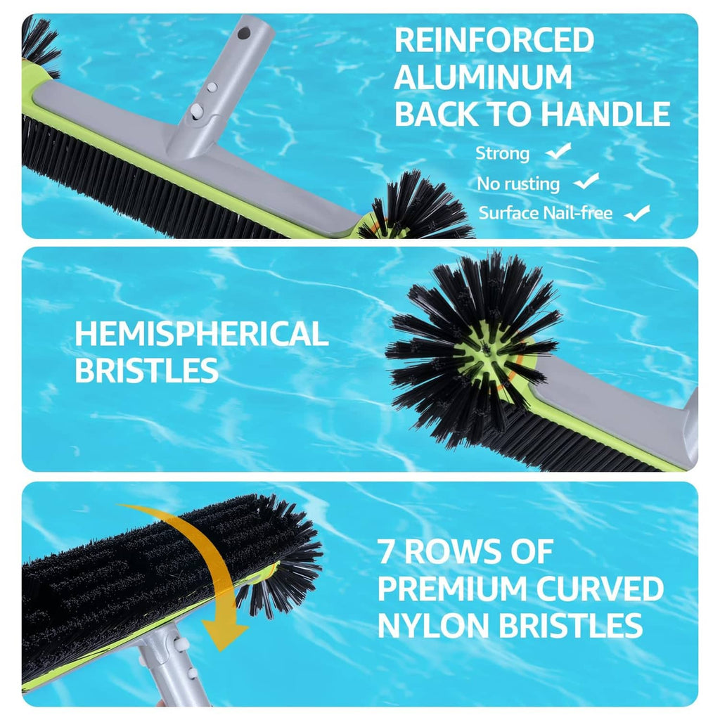 Pool brush with reinforced aluminum back to handle, hemispherical bristles, 7-row nylon
