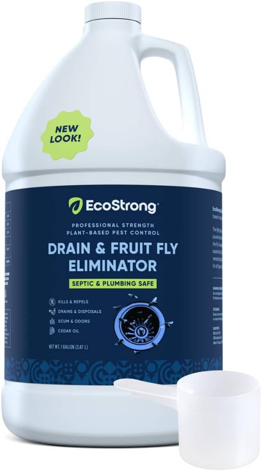 EcoStrong drain and fruit fly eliminator bottle with blue label and white measuring cup