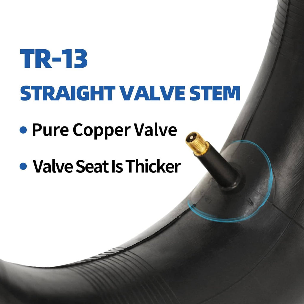 TR-13 straight valve stem on black inner tube with copper valve and thicker seat