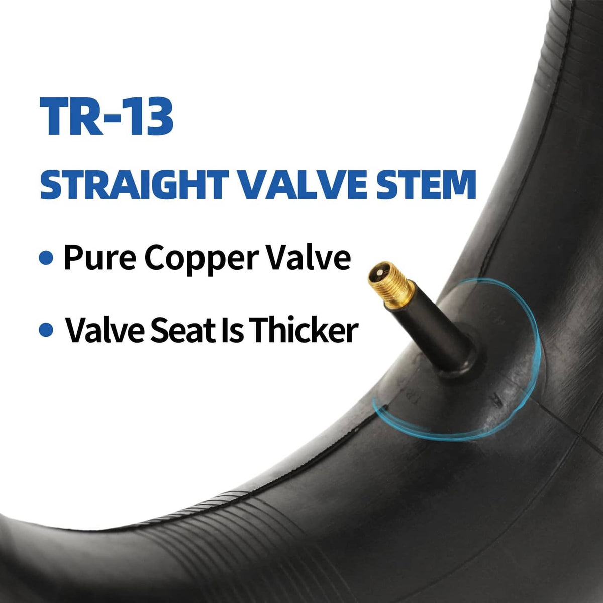 TR-13 straight valve stem on black inner tube with copper valve and thicker seat