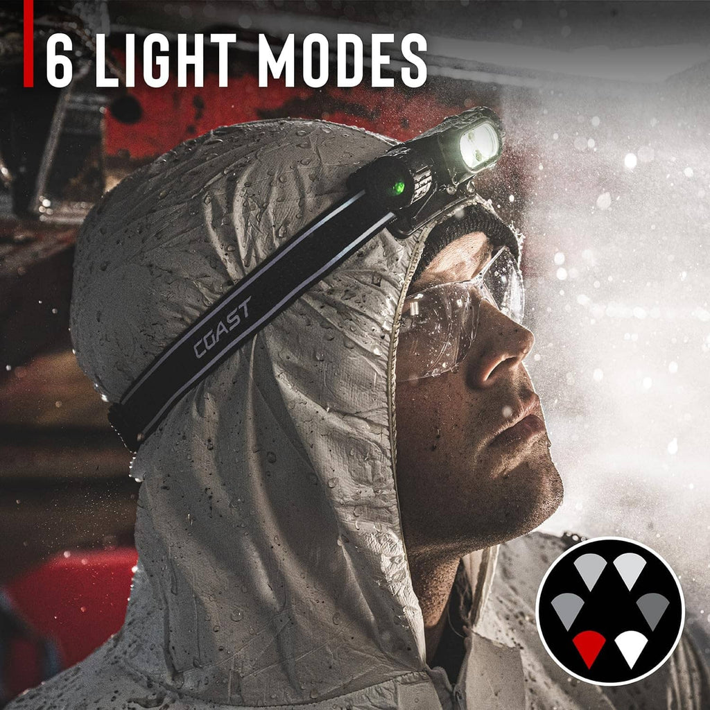 Rechargeable headlamp on hood with small front LED lit