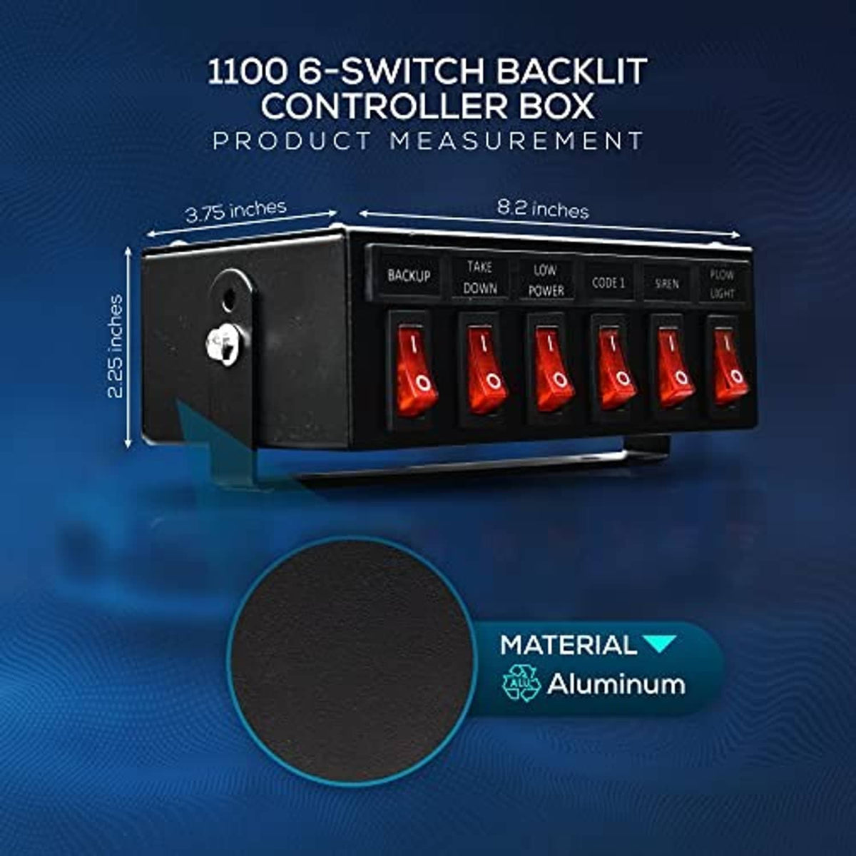 6-switch backlit controller box with black housing, six red illuminated rocker switches