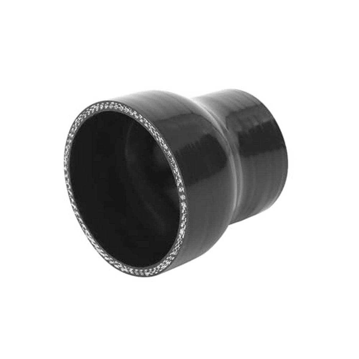Black silicone reducer hose coupler, tapered coupler with textured silver edge and open mouth