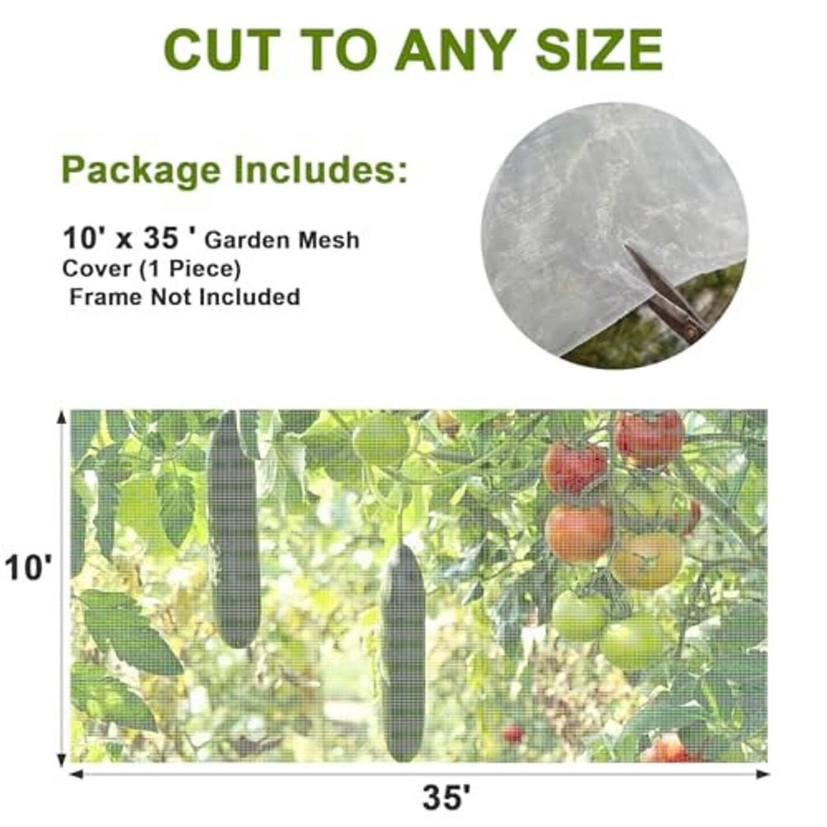 White garden mesh barrier with 10 ft x 35 ft dimensions illustration