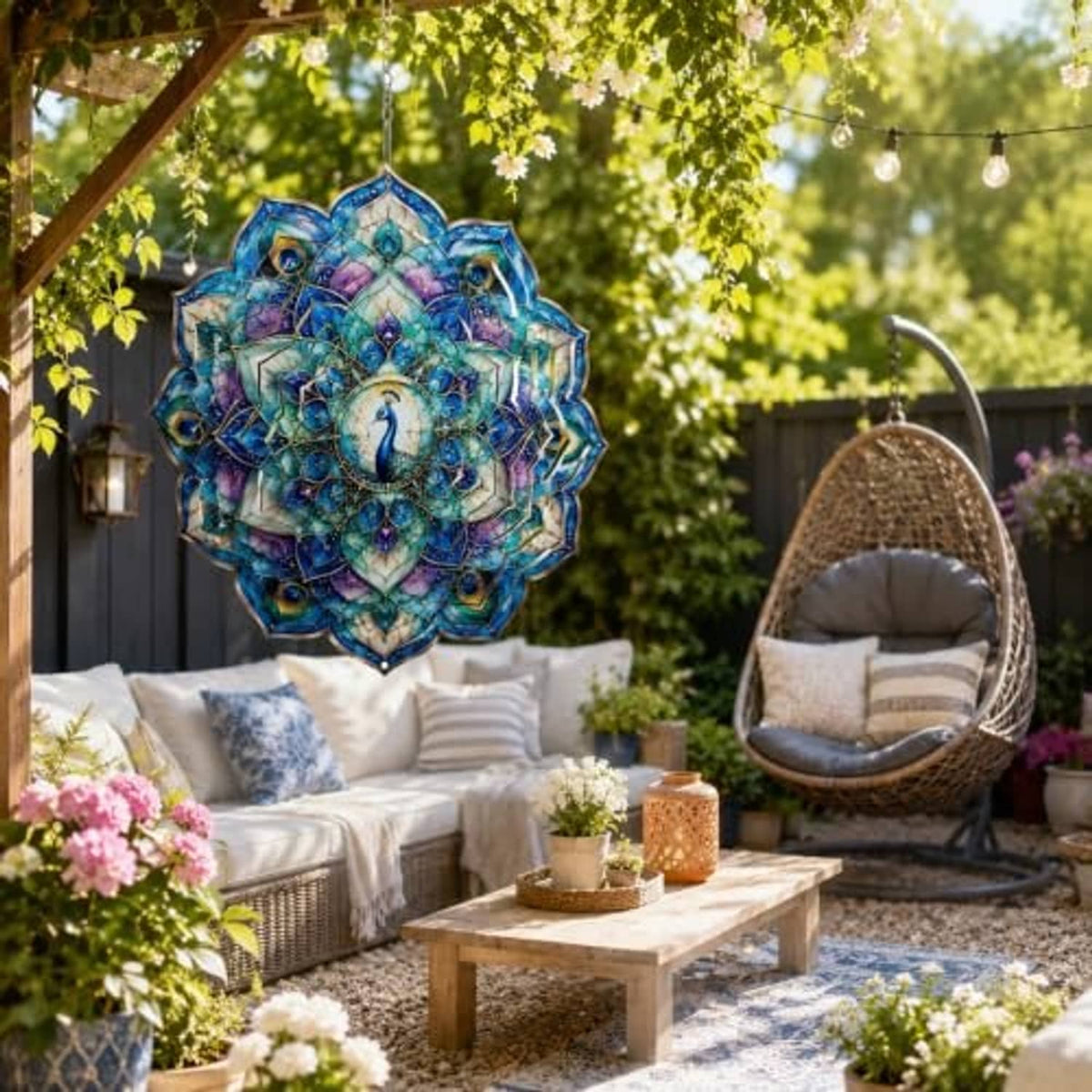 Hanging peacock wind spinner with blue-purple feather fan layers for outdoor decor