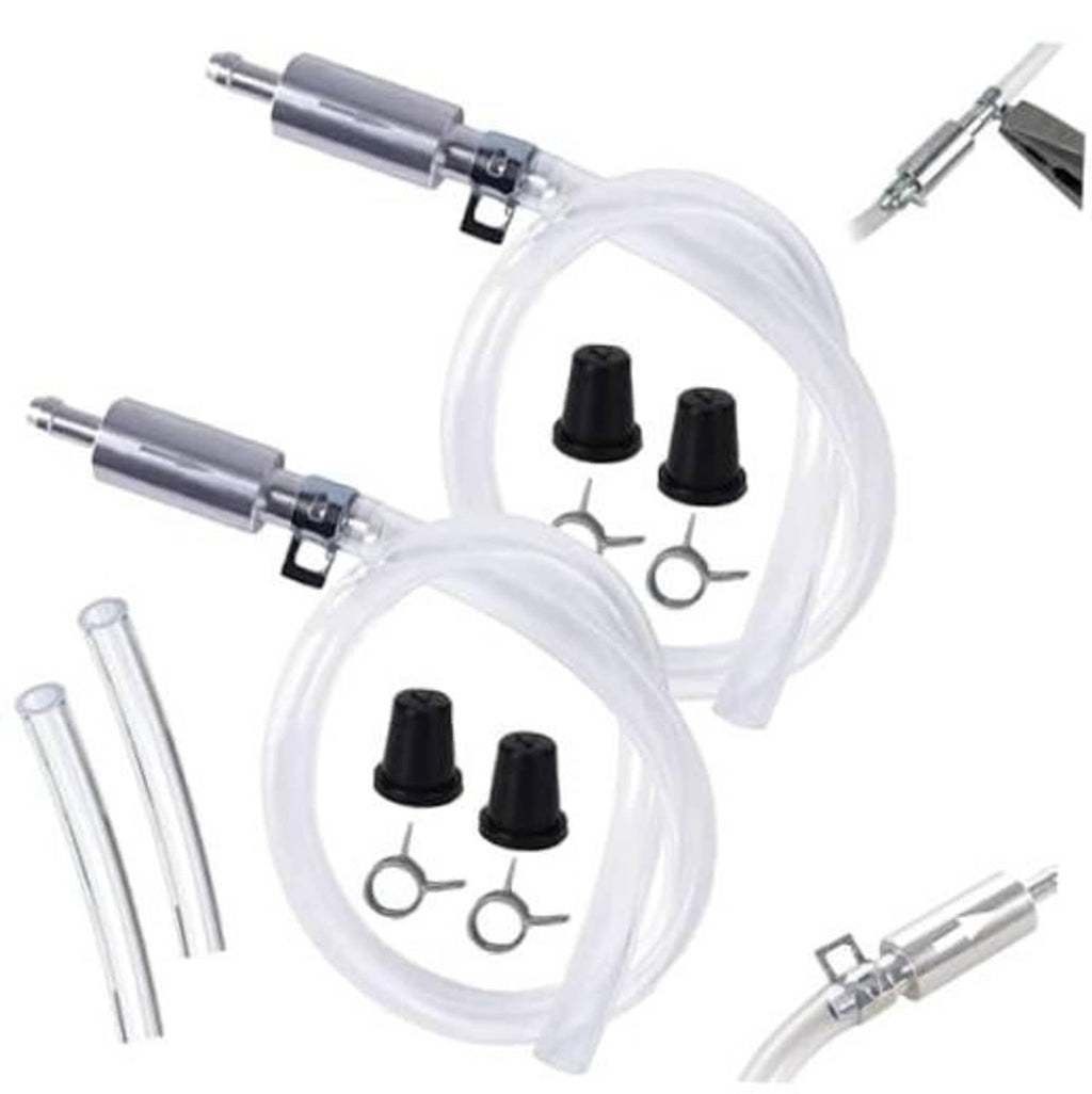 Brake bleeder hose kit with two clear hoses, silver valves, black caps, and clips