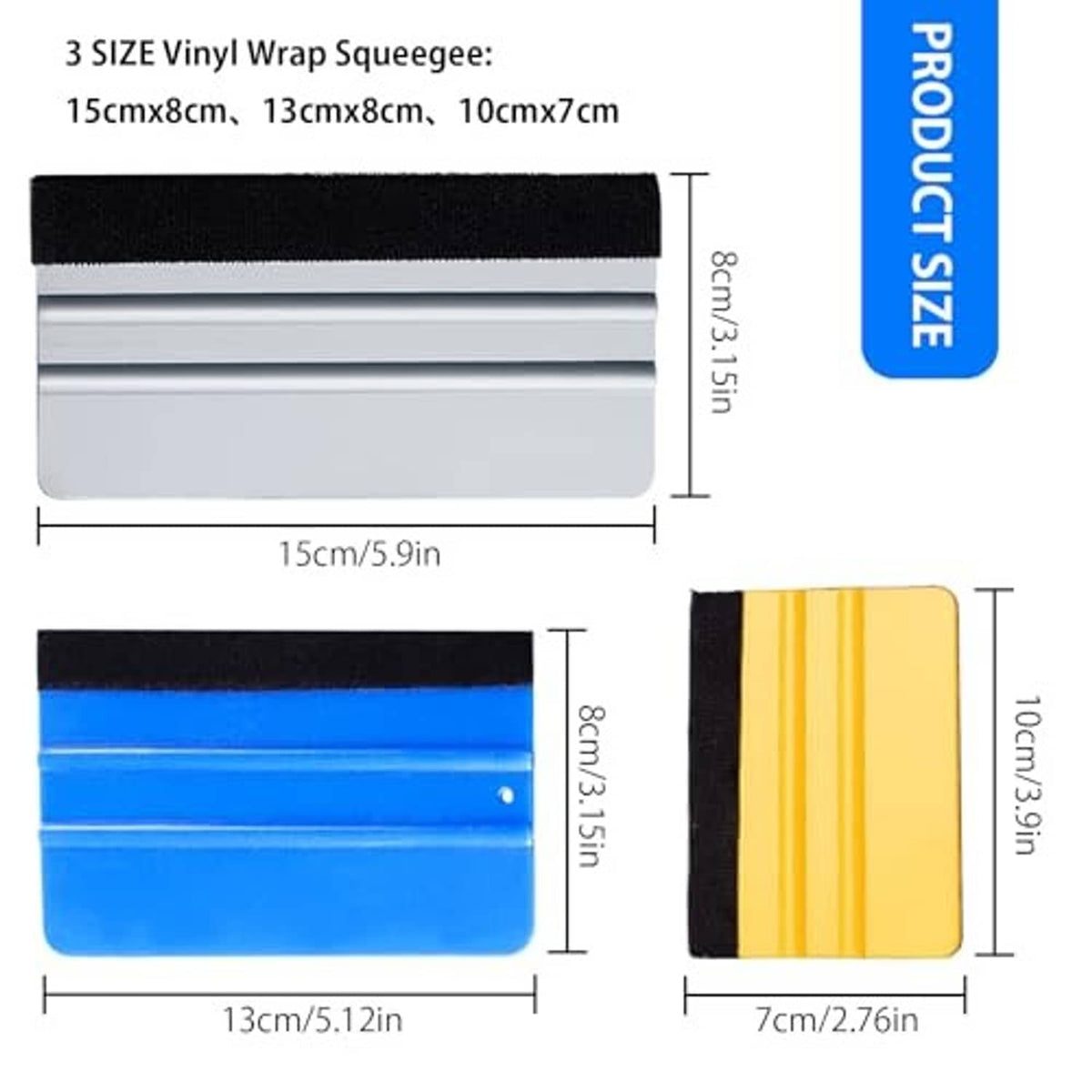 3-piece vinyl wrap squeegee set with black felt edges in gray, blue, and yellow sizes