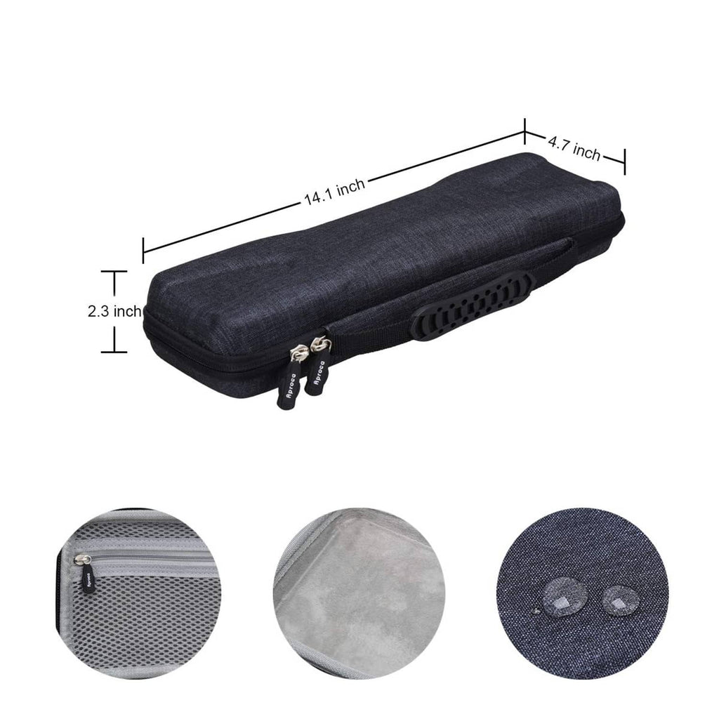Hard travel case with measurement diagram; textured navy fabric, zipper front