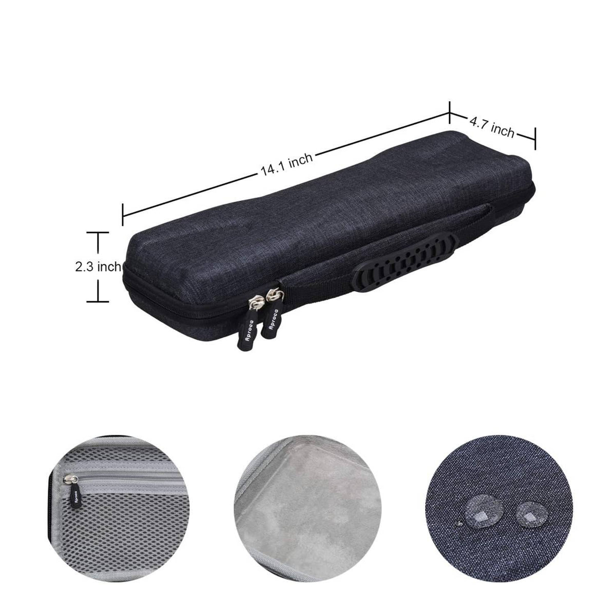 Hard travel case with measurement diagram; textured navy fabric, zipper front
