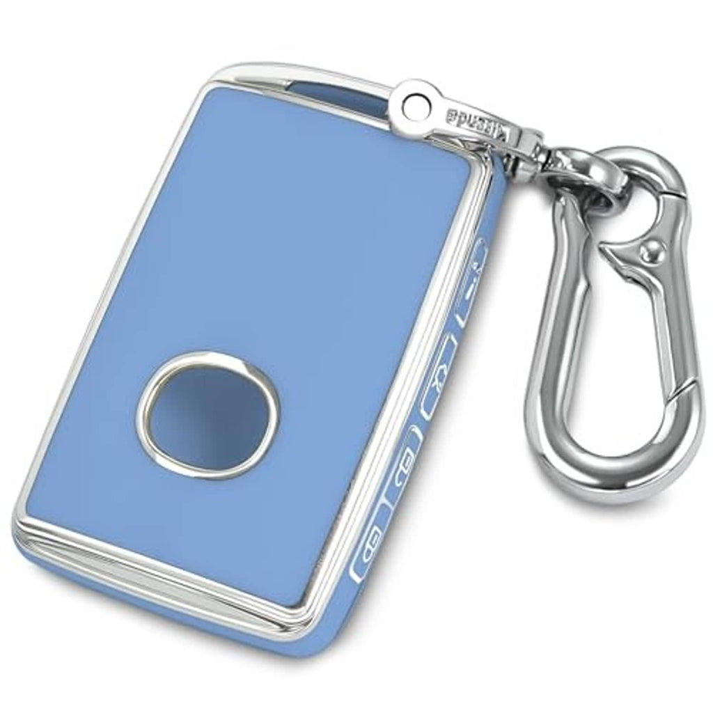 Blue key fob cover with silver trim, star emblem, and metal swivel carabiner keychain