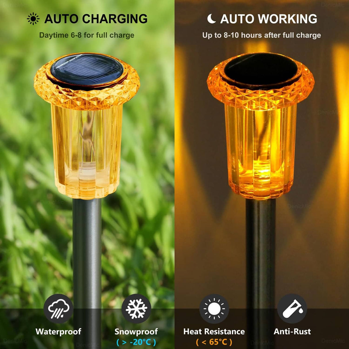 Amber solar lantern light on a metal spike stake with clear top and rounded base