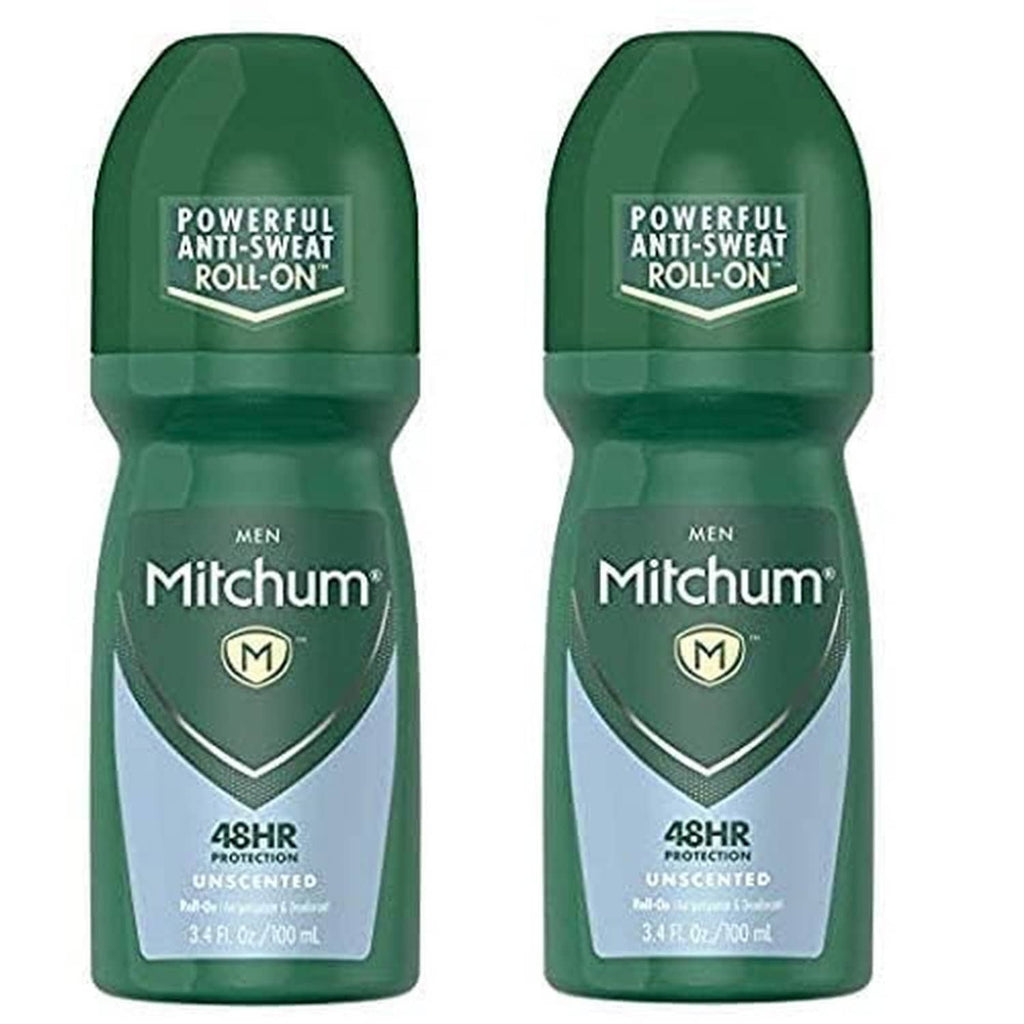 Two green Mitchum men roll-on deodorant bottles, unscented, powerful anti-sweat