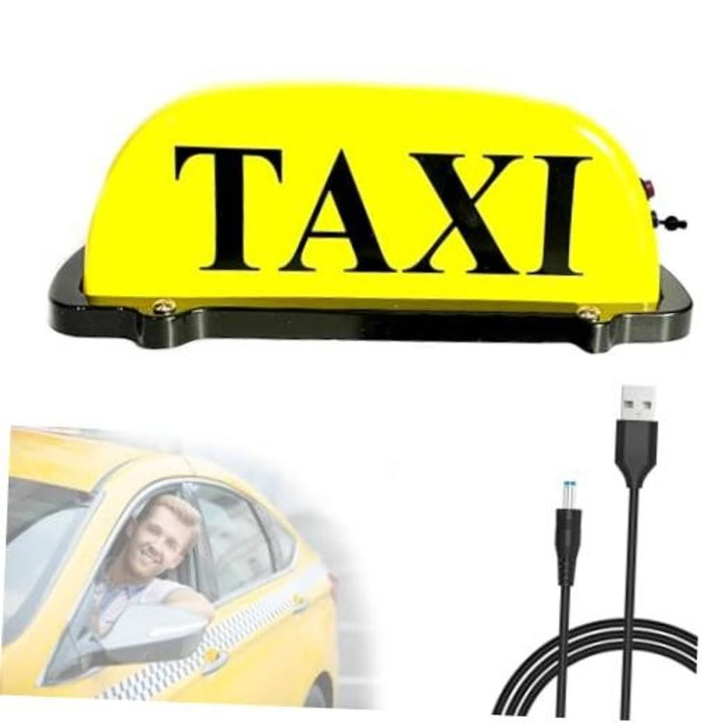 Yellow TAXI roof light with USB charging cable and black mounting base